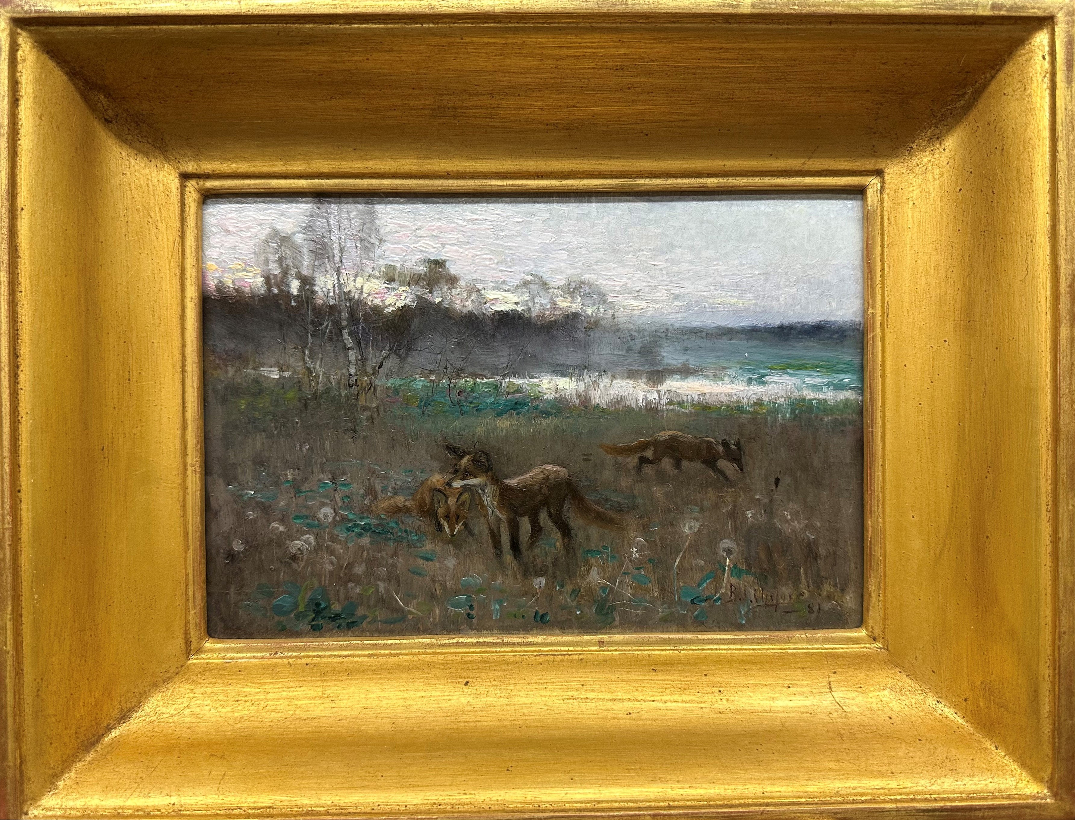 Gryningslandskap med rävfamilj